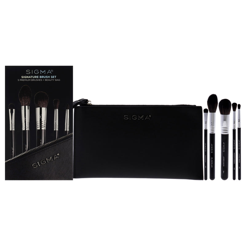 SIGMA Signature Brush Set by SIGMA for Women - 6 Pc Blend Kabuki Brush - F81, Soft Blend Brush - 60, Eye Shading Brush - E55, Tapered Blending Brush - E35, Domed Pencil Brush - E1, Beauty Bag