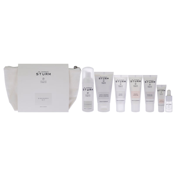 Dr. Barbara Sturm Discovery Kit by Dr. Barbara Sturm for Women - 8 Pc 1.69oz Cleanser, 0.67oz Facial Scrub, 0.67oz Face Mask, 0.1oz Hyaluronic Serum, 0.16oz Eye Cream, 0.67oz Face Cream, 1.69oz Anti Aging Body Cream, Pouch