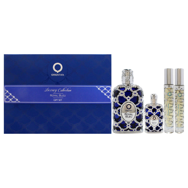 Orientica Royal Bleu by Orientica for Unisex - 4 Pc Gift Set 2.7oz EDP Spray, 2 x 10ml EDP Spray, 7.5ml EDP Splash