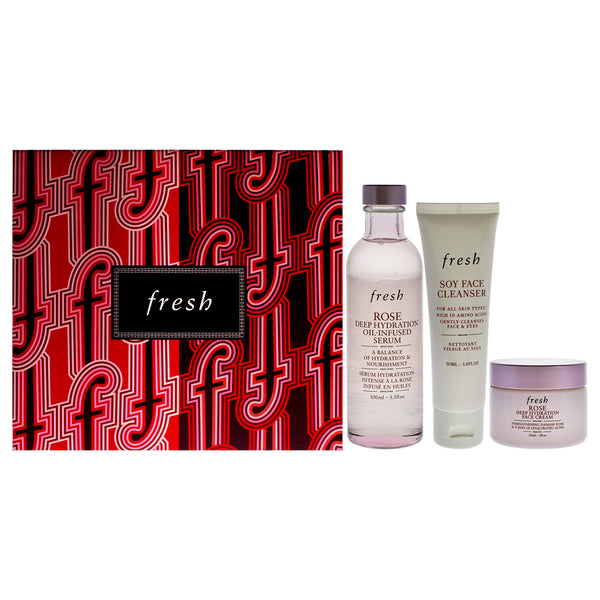 Fresh Three Step Hydration Heroes Kit by Fresh for Women - 3 Pc 1.6oz Soy Face Cleanser, 3.4oz Deep Hydration Oil Infused Serum - Rose, 1oz Deep Hydration Face Cream - Rose