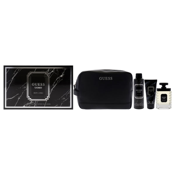 Guess Guess Uomo by Guess for Men - 4 Pc Gift Set 3.4oz EDT Spray, 6oz Deodorizing Body Spray, 3.4oz Shower Gel, Pouch