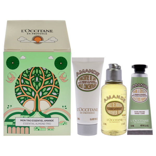 L'Occitane Essential Trio - Almond by LOccitane for Women - 3 Pc 1.1oz Shower Oil - Almond, 0.6oz Concentrate - Almond Milk, 0.3oz Delicios Hands - Almond