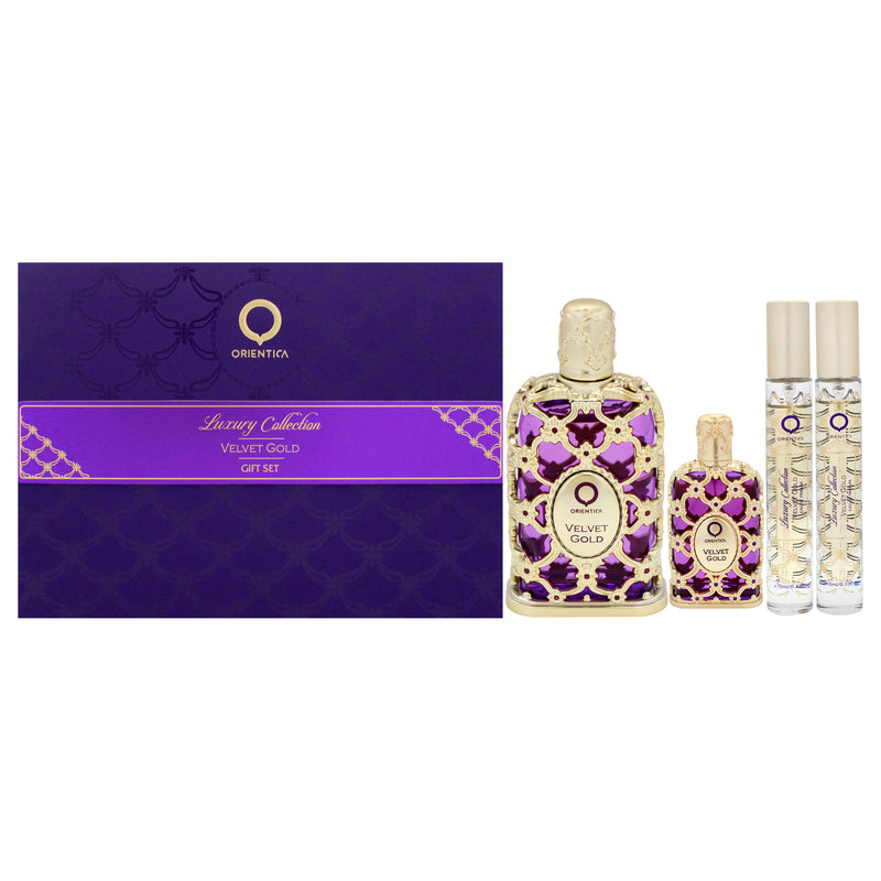 Orientica Velvet Gold by Orientica for Women - 4 Pc Gift Set 2.7oz EDP Spray, 2 x 0.33oz EDP Spray, 0.25oz EDP Spray