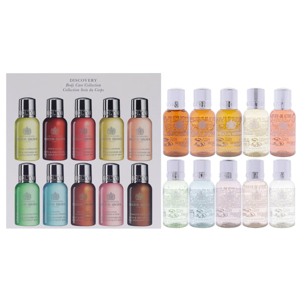 Molton Brown Discovery Body Care Collection Set by Molton Brown for Unisex - 10 x 1 oz Orange and Bergamot Shower Gel, Neon Amber Shower Gel, Heavenly Gingerlily Shower Gel, Flora Luminare Shower Gel, Jasmine and Sun Rose Shower Gel, Infusing Eucalyptus S