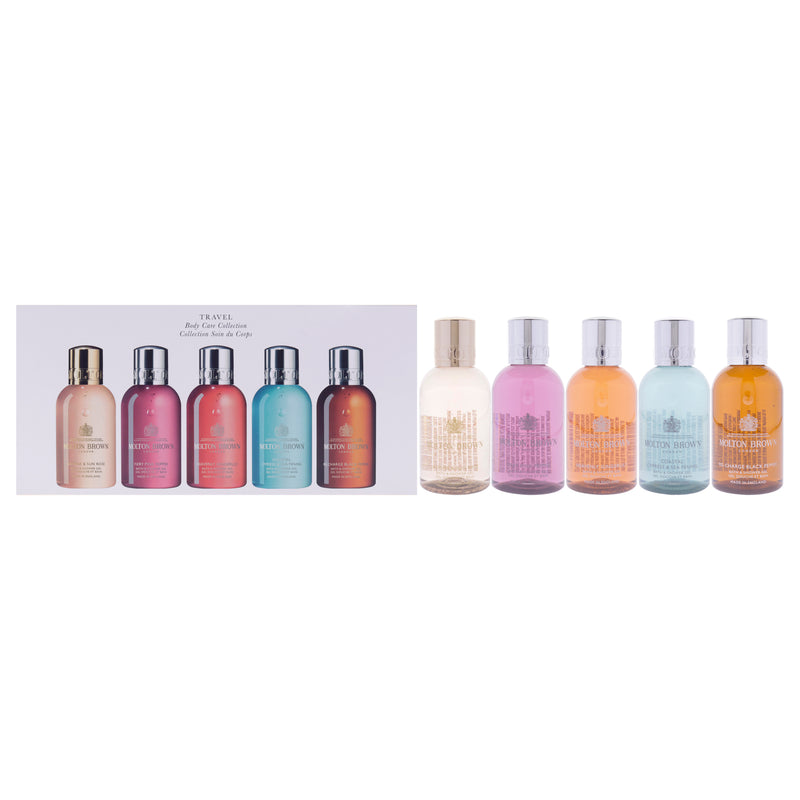 Molton Brown Travel Body Care Collection Set by Molton Brown for Unisex - 5 x 3.3 oz Jasmine and Sun Rose Shower Gel, Fiery Pink Pepper Shower Gel, Heavenly Gingerlily Shower Gel, Coastal Cypress and Sea Fennel Shower Gel, Re-charge Black Pepper Shower Ge