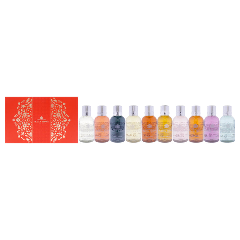 Molton Brown Stocking Filler Collection Set by Molton Brown for Unisex - 10 x 1.6 oz Coastal Cypress and Sea Fennel Shower Gel, Re-charge Black Pepper Shower Gel, Orange and Bergamot Shower Ge, Fiery Pink Pepper Shower Ge, Delicious Rhubarb and Rose Showe