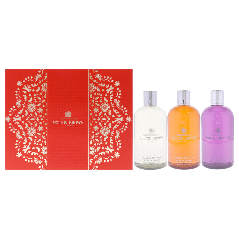 Molton Brown Floral and Spicy Body Care Collection Set by Molton Brown for Women - 3 Pc Gift Set 10oz Orange and Bergamot Bath and Shower Gel, 10oz Heavenly and Gingerlily Bath and Shower Gel, 10oz Fiery Pink Pepper Bath and Shower Gel