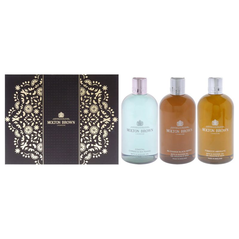 Woody and Aromatic Body Care Collection by Molton Brown for Men - 3 Pc 10oz Re-Charge Black Pepper Shower Gel, 10oz Coastal Cypress and Sea Fennel Shower Gel, 10oz Tobacco Absolute Shower Gel