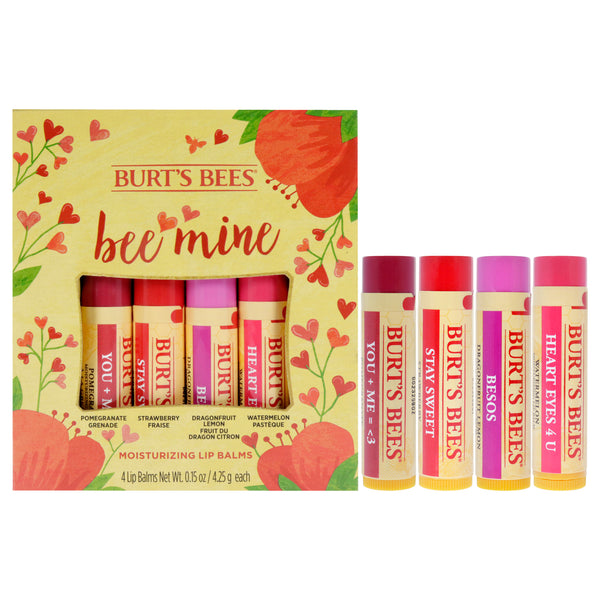 Burt's Bees Bee Mine Moisturizing Lip Balm Set by Burts Bees for Unisex - 4 Pc 0.15oz Watermelon Lip Balm, 0.15oz Dragonfruit Lemon Lip Balm, 0.15oz Strawberry Lip Balm, 0.15oz Pomegranate Lip Balm