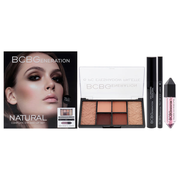 BCBGeneration Cosmetics Natural Complete Eye and Lip Set by BCBGeneration Cosmetics for Women - 4 Pc 0.38oz Eyeshadow Palette, 0.04oz Felt Tip Eyeliner, 0.27oz Volumizing Mascara, 0.20oz Hyaluronic Acid Infused Lip Oil