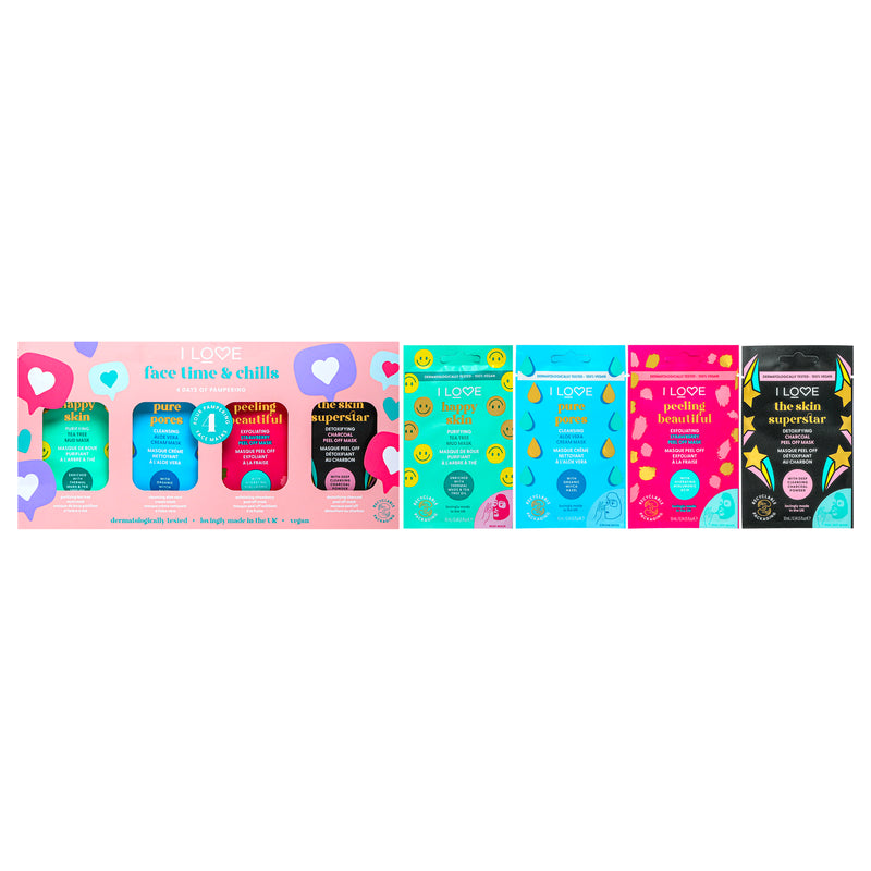 I Love Cosmetics Face Time and Chills Face Mask Set by I Love Cosmetics for Women - 4 Pc 0.34oz Happy Skin Mask, 0.34oz Pure Pores Mask, 0.34oz Peeling Beautiful Mask, 0.34oz The Skin Superstar Mask