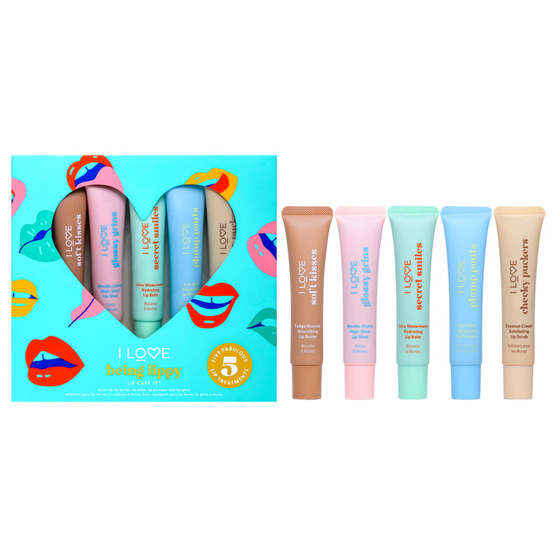 I Love Cosmetics Being Lippy Lip Care Set by I Love Cosmetics for Women - 5 Pc 0.5oz Cheeky Puckers Coconut Cream Exfoliating Lip Scrub, 0.5oz Soft Kisses Fudge Brownie Nourishing Lip Butter, 0.5oz Secret Smile Juicy Watermelon Hydrating Lip Balm, 0.5oz P