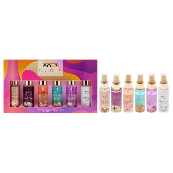 Unique Body Mist by So…? for Women - 6 Pc 1.7oz Body Mist - White Blossom, 1.7oz Body Mist - Vanilla Candy, 1.7oz Body Mist - Peony Blush, 1.7oz Body Mist - Sweet Pea, 1.7oz Body Mist - Cashmere, 1.7oz Body Mist - Truffle Cream