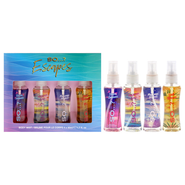 Escapes Body Mist Set by So…? for Women - 4 Pc 1.7oz Body Mist - Ibiza Dreams, 1.7oz Body Mist - Majorca Love, 1.7oz Body Mist - Mykonos Nights, 1.7oz Body Mist - Bali Breeze