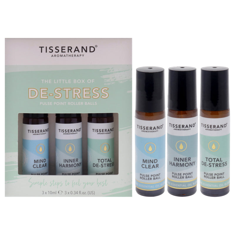 Tisserand The Little Box of De-Stress by Tisserand for Unisex - 3 pc 0.34oz Mind Clear Roller Ball Oil, 0.34oz Inner Harmony Roller Ball Oil, 0.34oz Total De-Stress Roller Ball Oil