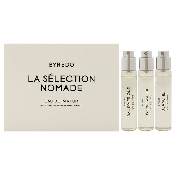 La Selection Nomade Set by Byredo for Unisex - 3 Pc Mini Gift Set 0.4oz Bal D Afrique EDP Spray, 0.4oz Blanche EDP Spray, 0.4oz Gypsy EDP Spray