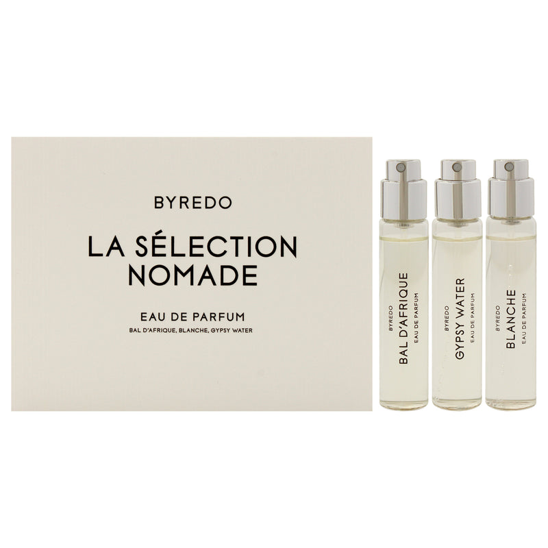 La Selection Nomade Set by Byredo for Unisex - 3 Pc Mini Gift Set 0.4oz Bal D Afrique EDP Spray, 0.4oz Blanche EDP Spray, 0.4oz Gypsy EDP Spray