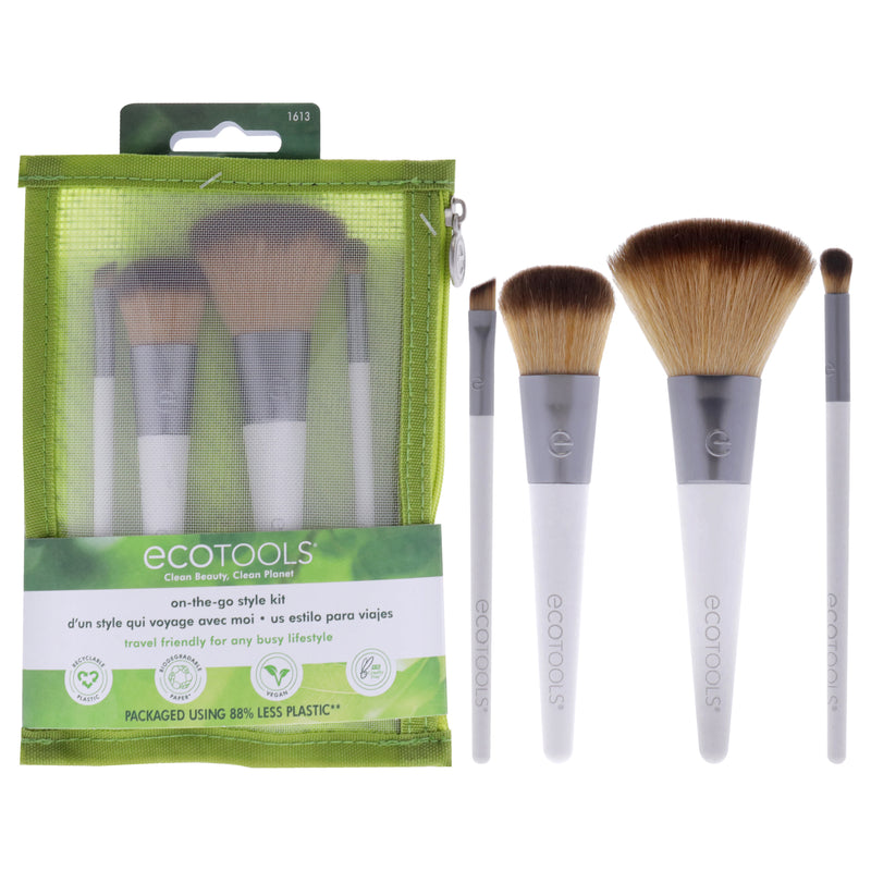 Ecotools On-The-Go Style Brush Kit by Ecotools for Women - 4 Pc Complexion Blending Brush, Multitasking Blush Brush, Micro Crease Brush, Angled Liner Brush