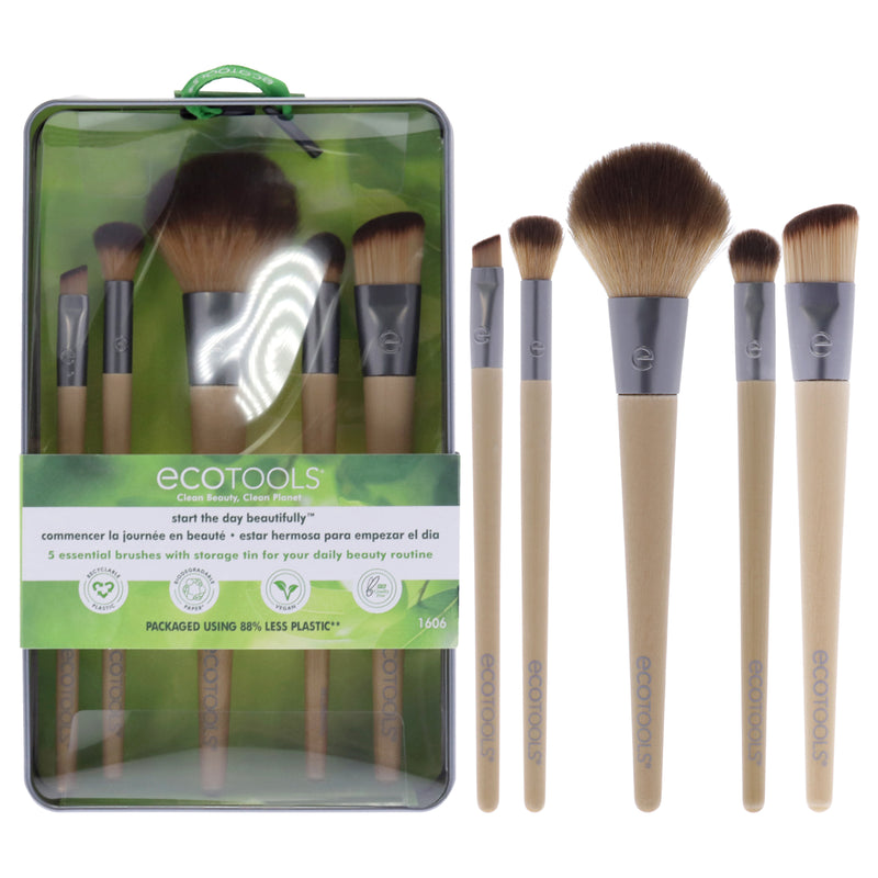 Ecotools Start The Day Beautifully Brush Kit by Ecotools for Women - 5 Pc Angled Foundation Brush, Blurring Brush, Defined Crease Brush, Angled Liner Brush, Full Blush Brush