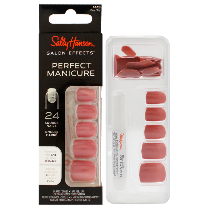 Sally Hansen Salon Effects Perfect Manicure Square Nails - SQ011 Pink Clay by Sally Hansen for Women - 52 Pc 24 Nails, 24 Adhesive Tabs, Nail File, Pre Pad, Cuticle Stick, 0.06oz Nail Glue