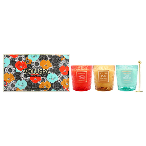 Voluspa The Icons Candle Trio by Voluspa for Unisex - 3 Pc 5oz Baltic Amber Candle, 0.5oz French Cade Lavender Candle, 5oz Goji Tarocco Orange Candle