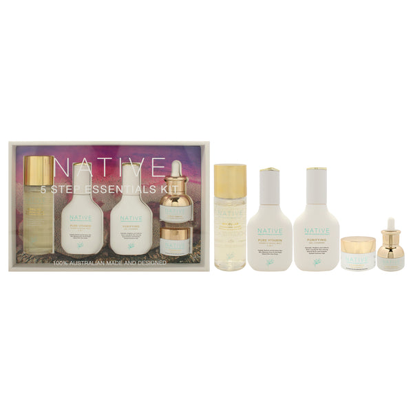 Native 5 Step Essentials Kit by Klara for Women - 5 Pc 3.4oz Micellar Cleansing Water All In One, 1.4oz Pure Vitamin Toner and Facial Mist, 1.4oz Purifying Gel Cleanser, 0.5oz Gold Serum Pure Vitamin Brightening, 0.5oz Vitamin-Rich Moisturizer