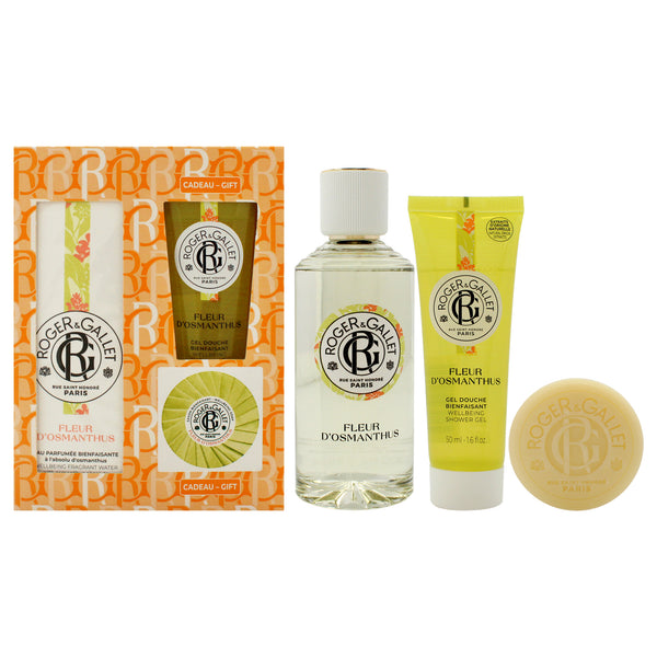 Fleur dOsmanthus by Roger & Gallet for Unisex - 3 Pc Gift Set 3.3oz Wellbeing Fragrant Water, 1.7oz Wellbeing Soap, 1.6oz Wellbeing Shower Gel