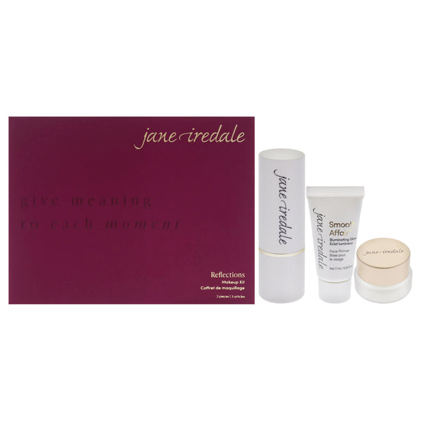 Jane Iredale Reflections Makeup Kit by Jane Iredale for Women - 3 Pc Gift Set 0.26oz Glow Time Highlighter Stick - Solstice, 0.03oz 24-Karat Gold Dust, 0.24oz Smooth Affair Illuminating Glow Face Primer Mini