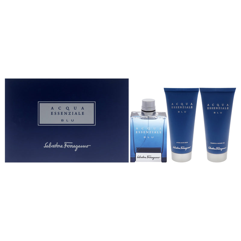 Salvatore Ferragamo Acqua Essenziale Blu by Salvatore Ferragamo for Men - 3 Pc Gift Set 3.4oz EDT Spray, 3.4oz Shower Gel, 3.4oz After Shave Balm