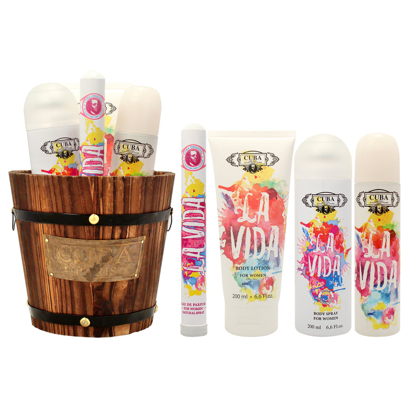 Cuba Cuba La Vida by Cuba for Women - 4 Pc Gift Set 3.3oz EDP Spray, 1.17oz EDP Spray, 6.6oz Body Spray, 6.6oz Body Lotion