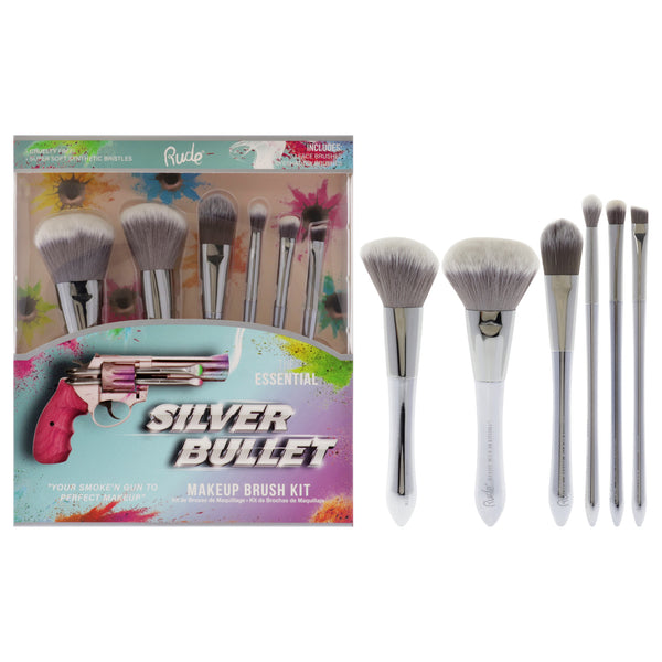 Rude Cosmetics Silver Bullet Makeup Brush Kit by Rude Cosmetics for Women - 6 Pc Beretta Powder Brush, Glock Blush Brush, Remington Foundation Brush,Shotgun Eyeshadow Brush, Revolver Blending Brush,Browning Angled Liner