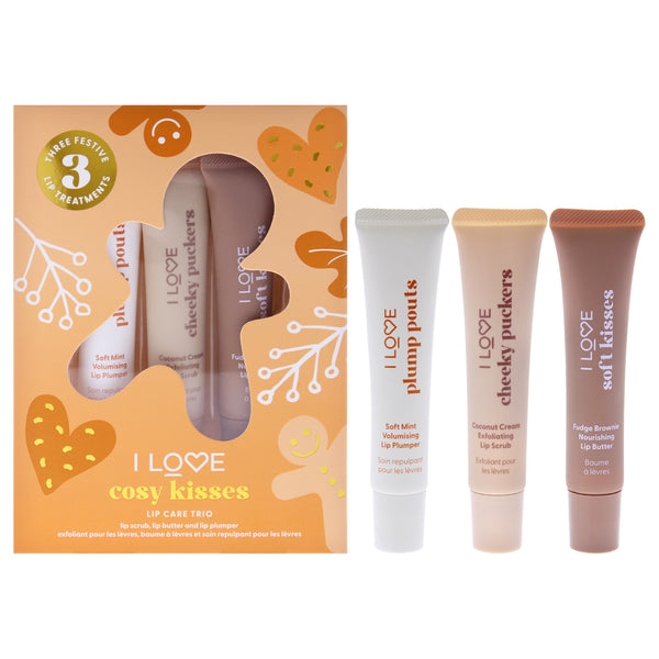 Cosy Kisses Lip Care Trio by I Love Cosmetics for Women - 3 Pc 0.5oz Cheeky Coconut Cream Exfolianting Lip Scrub, 0.5oz Soft Kisses Fudge Brownie Nourishing Lip Butter, 0.5oz Plump Pouts Soft Mint Volumising Lip Plumper