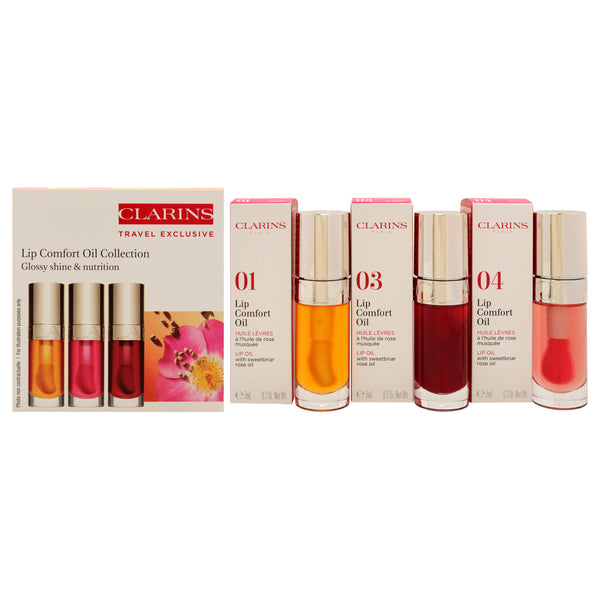 Clarins Lip Comfort Oil Collection by Clarins for Women - 3 x 0.2 oz Lip Oil - 01 Honey, Lip Oil - 03 Cherry, Lip Oil - 04 Pitaya