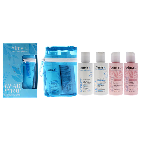 Head to Toe Essentials Travel Kit by Alma K for Women - 4 Pc 3.38oz Moisturizing Body Lotion, 3.38oz Silky Smooth Shower Cream, 3.38oz Shine and Glow Shampoo, 3.38oz Shine and Glow Conditioner