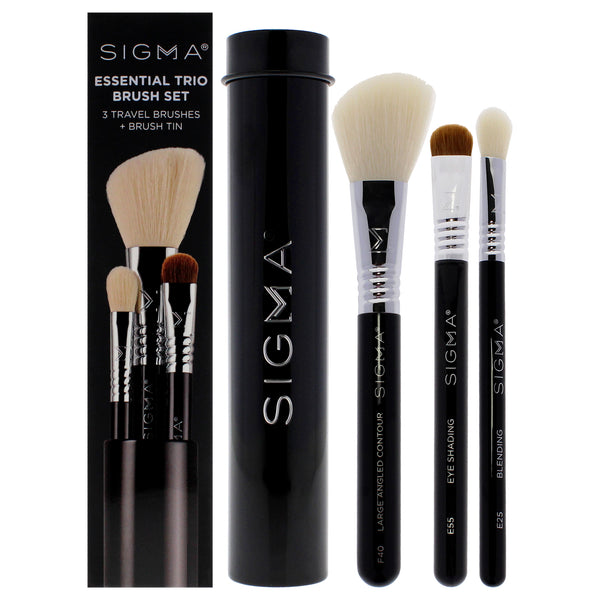 Essential Brush Set - Black by SIGMA for Women - 4 Pc Eye Shading Brush - E55, Large Angled Contour Brush - F40, Blending Brush - E25, Brush Tin