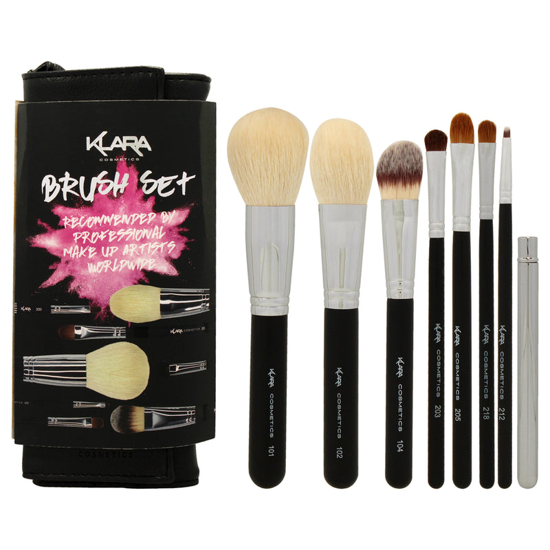 Brush Set by Klara for Women - 8 Pc Powder Face Brush, Tapered Contour Brush, Liquid Foundation Brush, Wide Shadow Brush, Blending Crease Brush, Short Shadow Brush, Precision Eye Brush, Precision Lip Brush