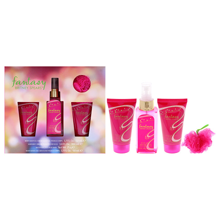 Britney Spears Fantasy For Women - 4 Pc Body Souffle 90ml/3.4oz Hair Mist Body Wash Bath 30ml/1.7oz