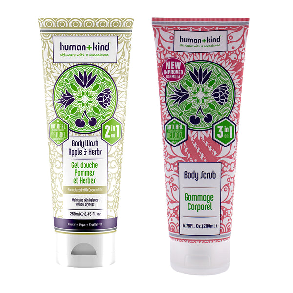Human+Kind Body Wash and Body Scrub Kit by Human+Kind for Unisex - 2 Pc Kit 8.45oz Body Wash - Apple and Herbs, 6.76oz Body Scrub