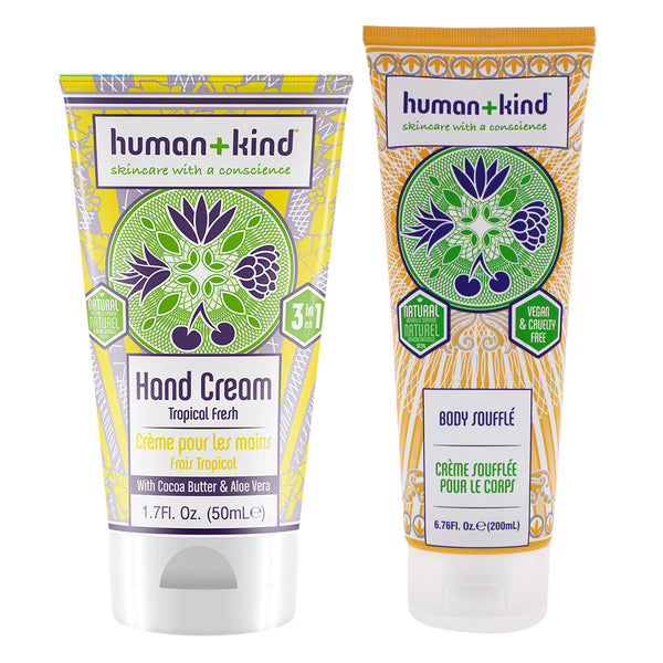 Human+Kind Hand-Elbow-Feet Cream - Tropical Fresh and Body Souffle - Tube Kit by Human+Kind for Unisex - 2 Pc Kit 1.7oz Cream, 6.76oz Body Cream