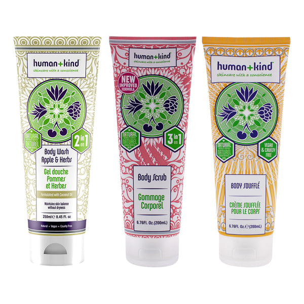 Human+Kind Body Wash - Apple and Herbs and Scrub and Souffle Cream Kit by Human+Kind for Unisex - 3 Pc Kit 8.45 oz Body Wash , 6.76 oz Scrub, 6.76 oz Body Cream