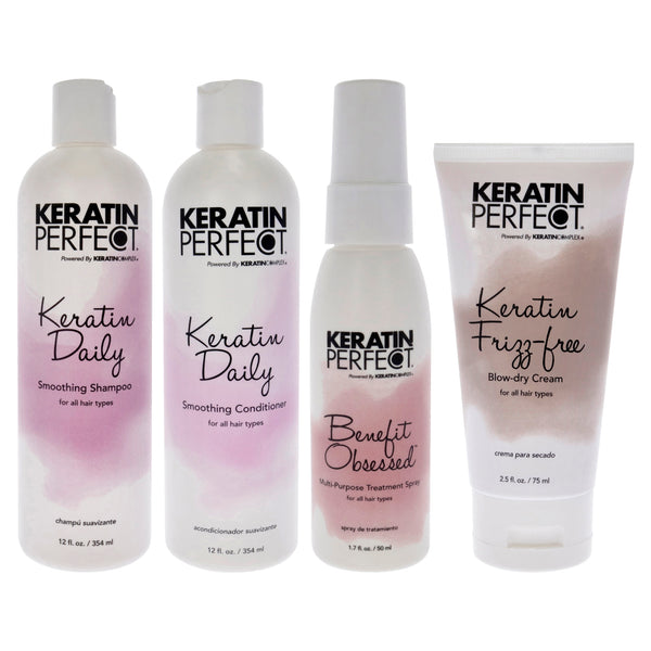 Keratin Perfect Keratin Daily Kit by Keratin Perfect for Unisex - 4 Pc Kit 12oz Shampoo, 12oz Conditioner, 2.5oz Frizz-Free Bow Dry Cream, 1.7oz Benefit Obsessed Treatment Spray