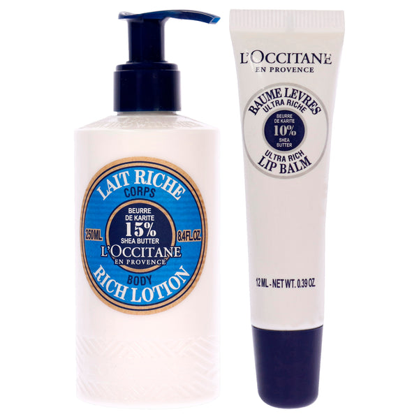 L'Occitane Shea Butter Ultra Rich Lip Balm and Body Lotion Kit by LOccitane for Unisex - 2 Pc Kit 0.39oz Lip Balm, 8.4oz Body Lotion