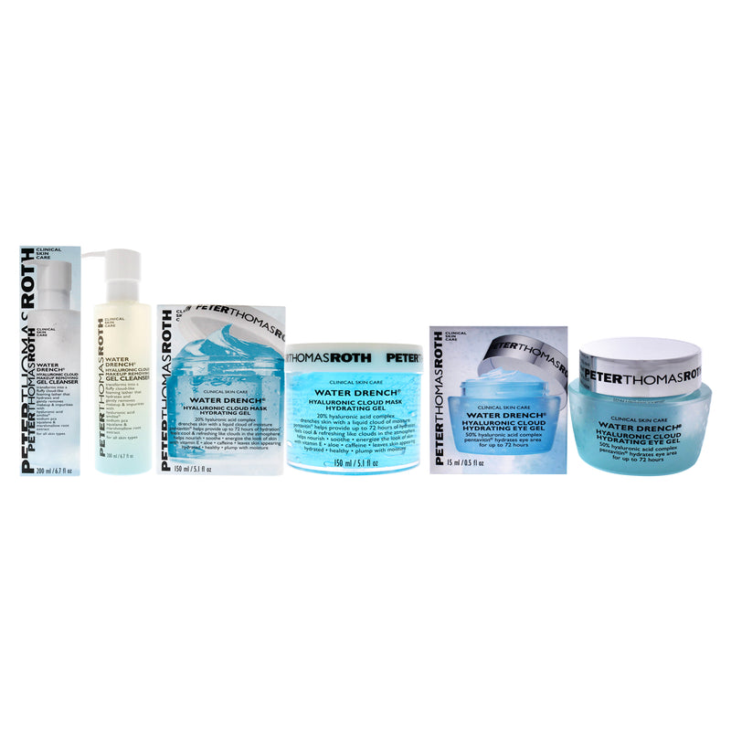 Peter Thomas Roth Water Drench Hyaluronic Cloud Kit by Peter Thomas Roth for Unisex - 3 Pc Kit 0.5oz Hydrating Eye Gel, 5.1oz Hydrating Eye Gel, 6.7oz Makeup Removing Gel Cleanser