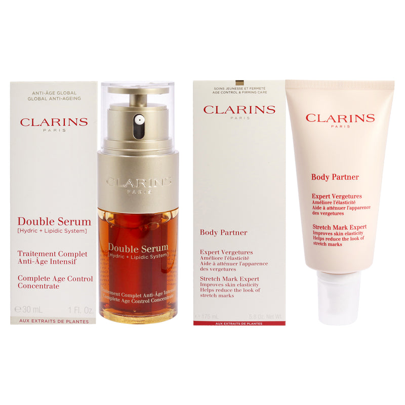 Clarins Double Serum Complete Age Control Concentrate and Body Partner Stretch Mark Expert Kit by Clarins for Unisex - 2 Pc Kit 1oz Serum, 5.8oz Body Lotion