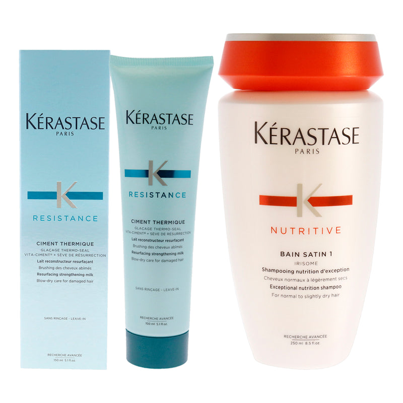 Kerastase Resistance Ciment Thermique and Nutritive Bain Satin 1 Shampoo Kit by Kerastase for Unisex - 2 Pc Kit 5.1oz Reconstructor, 8.5oz Shampoo