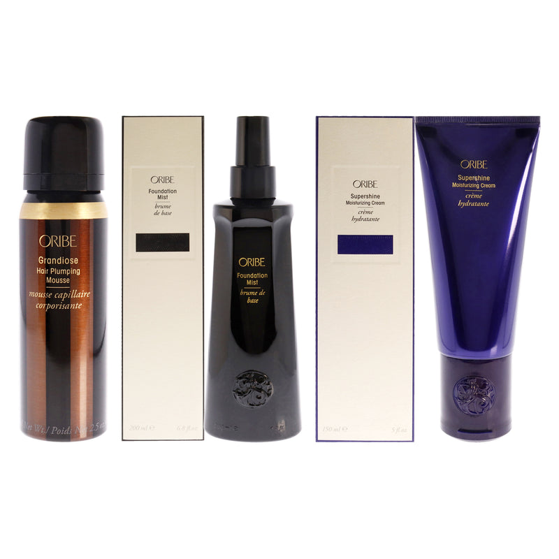 Oribe Foundation Mist and Grandiose Hair Plumping Mousse and Supershine Moisturizing Cream Kit by Oribe for Unisex - 3 Pc Kit 6.8oz Mist, 2.5oz Mousse, 5oz Cream