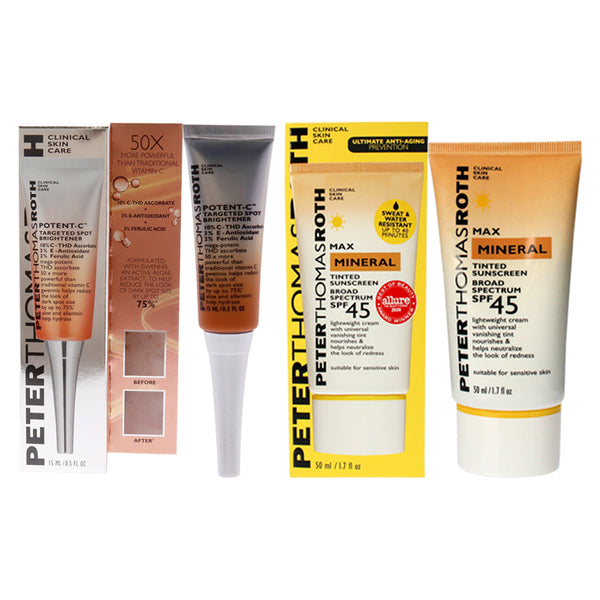 Peter Thomas Roth Potent-C Targeted Spot Brightener and Max Mineral Tinted Sunscreen SPF 45 Kit by Peter Thomas Roth for Unisex - 2 Pc Kit 0.5oz Treatment, 1.7oz Sunscreen