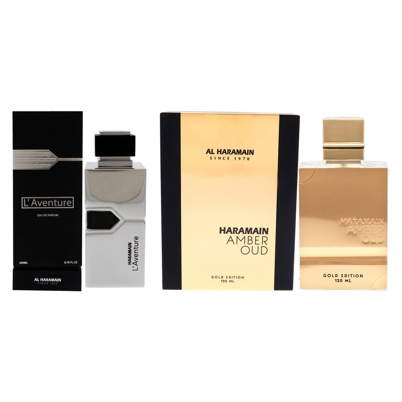 Al Haramain Amber Oud and LAventure Kit by Al Haramain for Men - 2 Pc Kit 6.76 oz EDP Spray, 4 oz EDP Spray (Gold Edition)