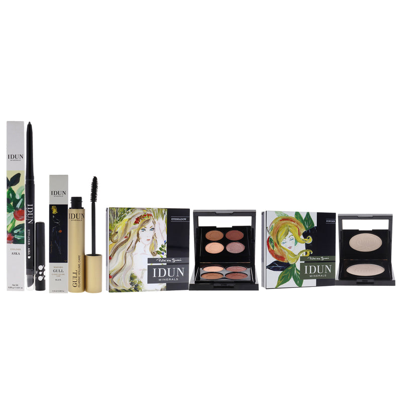 Idun Minerals Gull Mascara - 010 Black With Eyeliner - 104 Aska and Eyeshadow Palette - 407 Lavendel and Highlighter Powder - 522 Tilda Kit by Idun Minerals for Women - 4 Pc Kit 0.39 oz Mascara, 0.01 oz Eyeliner, 4 x 0.03 oz Eye Shadow, 0.12 oz Highlighte