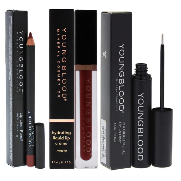 Youngblood Lip Liner Pencil With Precious Metal Liquid Liner and Hydrating Liquid Lip Creme Kit by Youngblood for Women 3 Pc Kit - 1.1 oz Lip Liner - Plum, 0.15 oz Eyeliner - Sterling, 0.15 oz Lipstick - La Dolce Vita